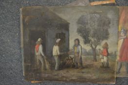 George Weissbort, figures outside a house, one playing the drums, oil on board, unframed and four