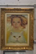 Gastone Peirano, head study of a young female and a cat, oil on canvas, signed.