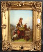 19TH CENTURY CONTINENTAL SCHOOL. A young girl feeding a goat, dog at her side. Oil on panel. A.