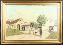MICHAEL WOOD. Been hunting, a man on a grey horse, figures and house to the right. Signed, oil on