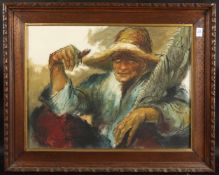 CIRCLE OF AFFANDI. Oil on canvas, a fisherman, signed indistinctly. 18