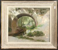 ENGLISH SCHOOL. An arched bridge over a river. Oil on canvas. 18