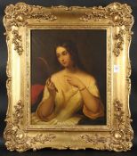 EARLY VICTORIAN SCHOOL. Portrait half length of a young lady holding a hand mirror. Metal panel 16.
