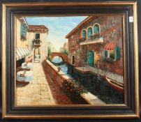 N. M. L. Venetian backwater with terraces, arched bridge and flowers. Monogrammed N. M. L. Oil on