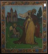 ARTS & CRAFTS SCHOOL. Oil on canvas, an Arthurian couple with attendant cupid, signed and dated 1928