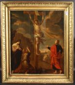 Late 17th Century Flemish School, Christ on the cross with saints in attendance, oil on panel (