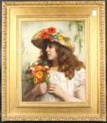 Rowland Holyoake (1861-1928), female figure in a hat adorned with wildflowers and carrying a spray