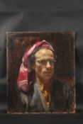 GEORGE WEISSBORT (1928-2013). A self portrait, head and shoulders of the artist in a pink headdress.