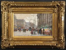 EUGENE GALIEN-LALOUE (1854-1941) FRENCH. Paris street scene with many figures, tram and horse