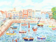 SIMEON STAFFORD (b. 1956). Busy harbour view, inscribed Dartmouth, oil on canvas, signed. 23.5