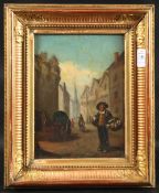 Late 19th Century French School, figure carrying earthenware flasks in a busy street, oil on