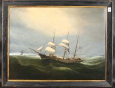 Celestin Deshayes (1817-1890) French, a three masted ship in heavy seas, oil on canvas, signed, 21.