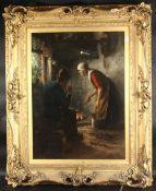 J. BRUGMAN. Interior, a woman cooking by an open fire, a man and a cat. Signed. Oil on canvas. 32