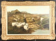 FRANS VAN LEEMPUTTEN (1850-1914) BELGIAN. Landscape, shepherdess and sheep by a river. Signed. Oil