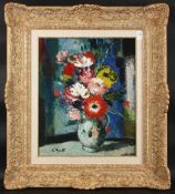 FRANCOIS GALL (1912-1987) FRENCH-HUNGARIAN. Still life, brilliant coloured flower in a pottery jug