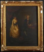 18TH CENTURY SCHOOL. Interior scene of a seated woman and clerk at a desk, oil on board. 20.5