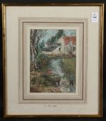 MANNER OF PISSARO. View of a cottage with figure and stream, oil on paper. 8.23