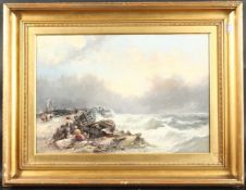 19th Century English School.A pair of oil on canvas scenes of figures by beached boats, 15