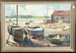 AUBREY F. SYKES. Oil on board, a fisherman maintaining his boat in a yard, signed, bears artist's