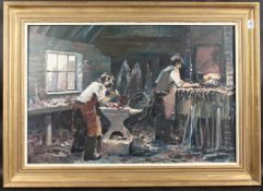 20TH CENTURY ENGLISH SCHOOL. The Blacksmith's Forge with two men at work, oil on canvas. 20