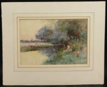 TOM MACKAY. Watercolour and gouache, a lady and child on a riverbank, harvesters beyond, signed