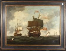 AFTER PETER MONAMY. Seascape, men of war and other boats. Oil on canvas. 28