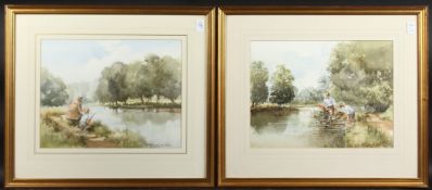 DOUGLAS E. WEST. Watercolour, fishing from a riverbank, a pair, both signed (2). 11.75