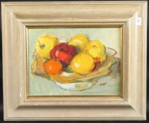 GORDON BRYCE (b. 1943) SCOTTISH. Still life, apples, oranges and lemons. Signed, oil on board. 10.5