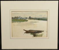 EDWARD SEAGO (1910-1974) BRITISH. Watercolour, a tranquil fenland scene with distant cathedral, (