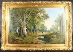 A. CLAMET. Circa. 1920. CONTINENTAL, A WOODLAND LANDSCAPE with a woman beside a stream, in a