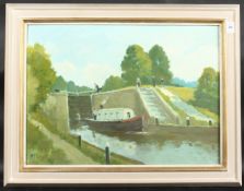 H. LEWIS. Canal scene at a lock, with boat and figures, oil on board. Monogrammed. 16