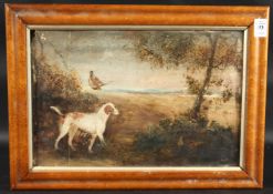 19TH CENTURY ENGLISH SCHOOL. Pheasant shooting with dog in the foreground. Oil on board. 9.5
