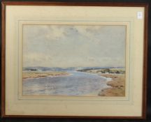 CIRCLE OF WARREN WILLIAMS. Watercolour and gouache, an estuary with whitewashed cottages. 13.75