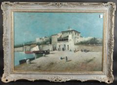 G. MATIE. Continental scene with figures and boats. Signed, oil on canvas. 23