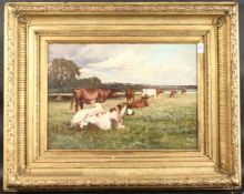 AUGUSTUS NICHOLAS BURKE (1838-1891) IRISH. Pastoral scene, cattle standing in the field, a river