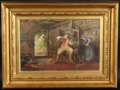 CHARLES JAMES LEWIS. Interior, a man drinking at a well being pumped by a young lady. Signed. Oil