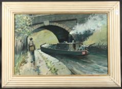 Tom Brown (20th Century), Salford Artist.Figure on a towpath with a barge beneath a bridge, oil on