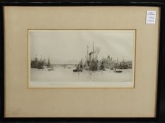 ROWLAND LANGMAID. Etching, shipping on The Thames, signed in pencil. 5