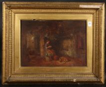 ALFRED PROVIS (1818 - 1890) BRITISH. INTERIOR, A YOUNG GIRL sitting before a fire, a dog at her