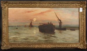 CHARLES HENRY MILLER (1842-1922) AMERICAN. Shipping on a river at dusk, oil on canvas, reverse