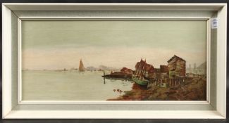 A quiet backwater, ruined buildings, distant town view, oil on canvas. 10