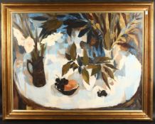 BABS REDPATH (1924-2003) SCOTTISH. A large still life, three jugs of flowers and a bowl of grapes.