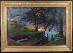 P. BRAY (20TH CENTURY) ENGLISH. Trees and walkway beside a lamp lit scene. Signed. Oil on canvas.