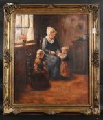 DUTCH SCHOOL. Interior with a mother and two children. Signed. Oil on canvas. 23.5