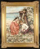 EDWARD ATKINSON HORNEL (1864-1933) SCOTTISH. Three girls with flowers beside the sea. Signed. Oil on