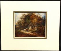 NORWICH SCHOOL (19TH CENTURY). Watercolour, a traveller on horseback, lady and dog by a woodland