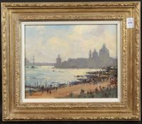 JOSEPH HENDERSON. Venice scene, with gondolas and many figures. Signed. Oil on board. 9