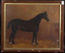 LATE 19TH CENTURY SCHOOL. Portrait of a horse in stable, oil on canvas, monogrammed and dated; 95.