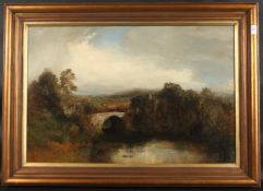 19TH CENTURY ENGLISH SCHOOL. Yorkshire river landscape with arched stone bridge, a church amidst the