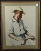 STELLA SHAWZIN (1923-2020) SOUTH AFRICAN. Portrait of a man with hosepipe, watercolour, signed.